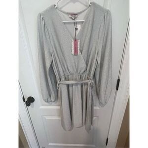 New Andree by Unit Silver sparkly long sleeve faux wrap dress belt size Medium n